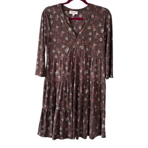 Gilli Brown Boho Cottagecore Floral Tiered Dress V-neck Women’s Size Small